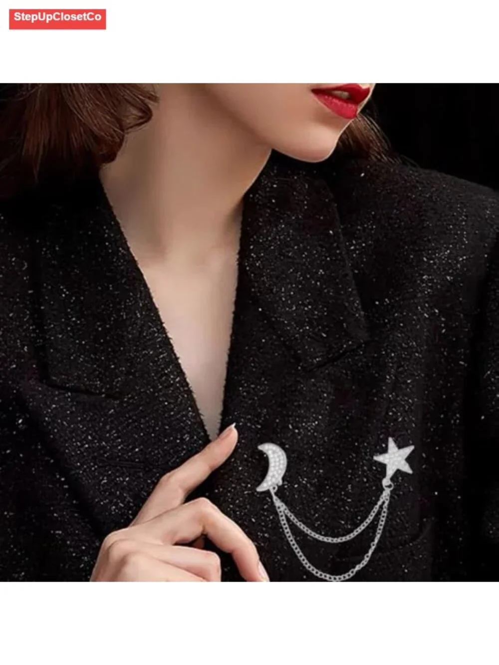 Rhinestone Moon Star Tassel Chain Brooch Lapel Pin CZ Elegant Suit Coat